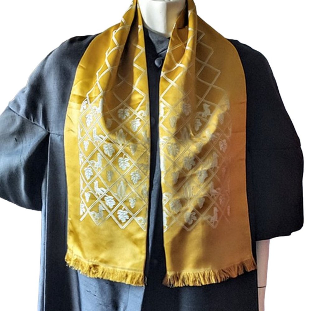 1950s True Vintage Gold Silk Long Figural Ascot Scarf Never Worn Unisex